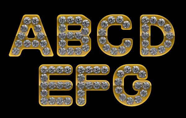 Goldene Buchstaben a, b, c, d, e, f, g mit Diamanten verkrustet — Stockfoto