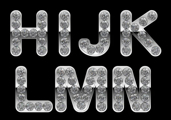 Stříbrný h, i, j, k, l, m, n, dopisy incrusted s diamanty — Stock fotografie