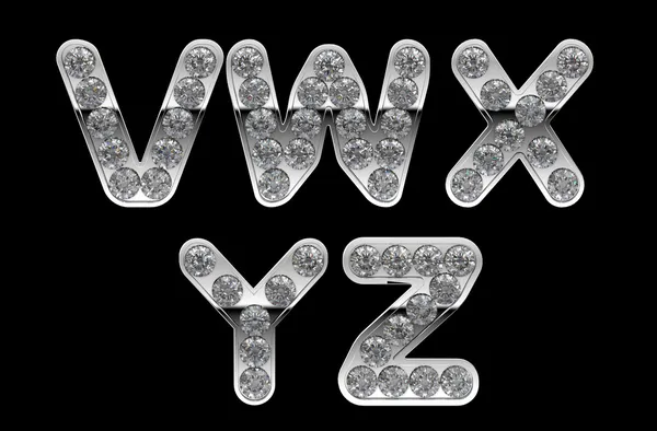 Stříbrný v, z, w, x, y dopisy incrusted s diamanty — Stock fotografie