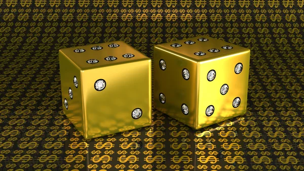 Two golden dies with gems over US dollar background — Stock Photo, Image