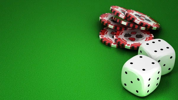 Casino or roulette chips and dies over green — Stock Photo, Image