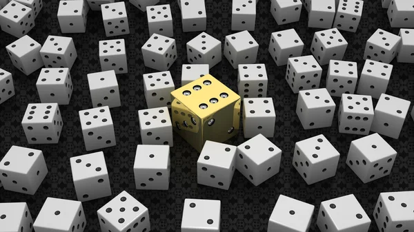 Golden die among common ones over black — Stock Photo, Image
