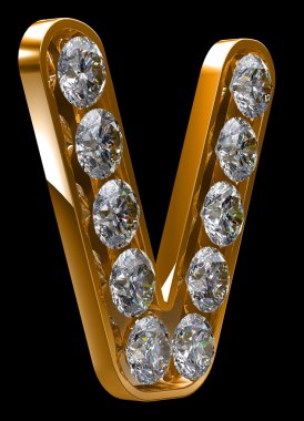 Golden V letter incrusted with diamonds clipart