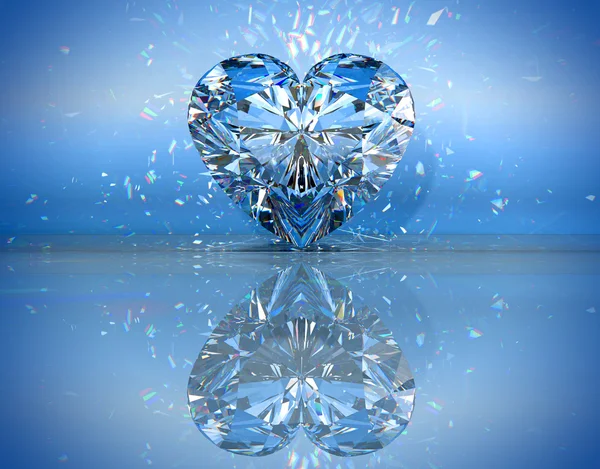 Бриллиант в форме сердца над синим с отражением — стоковое фото