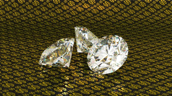 Grandes diamantes sobre fundo dólar dourado — Fotografia de Stock