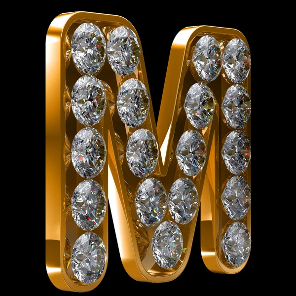 Golden M letter incrusted with diamonds — Stock Photo, Image