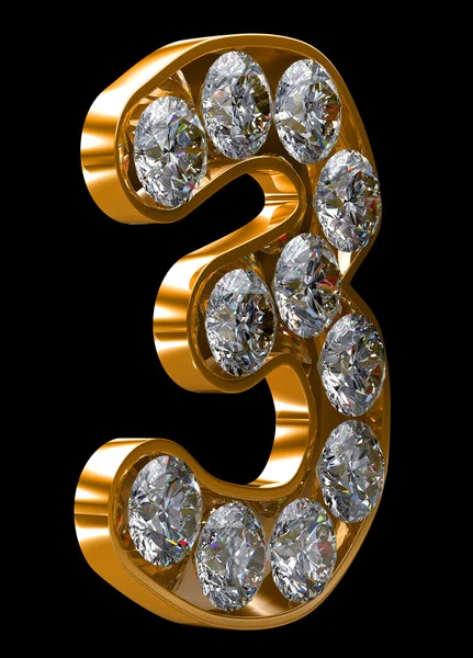 Golden 3 numeral incrusted with diamonds — Stock Photo, Image