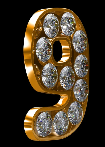 Goldene 9 Ziffer mit Diamanten verkrustet — Stockfoto