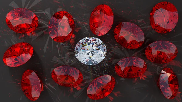 Diamante de cristal entre rubis vermelhos — Fotografia de Stock