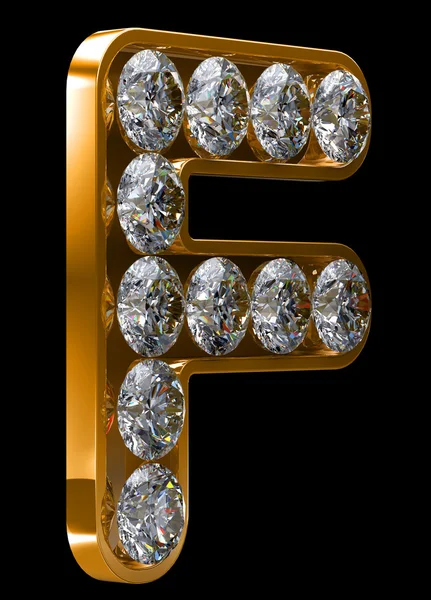 Goldener Buchstabe f mit Diamanten verkrustet — Stockfoto