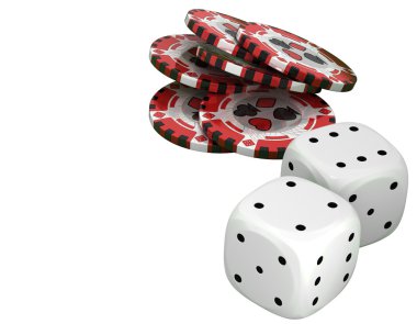 Casino or roulette chips and dies over white clipart
