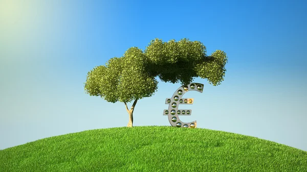 Euro symbol under tree on green fileld — Stock Photo, Image