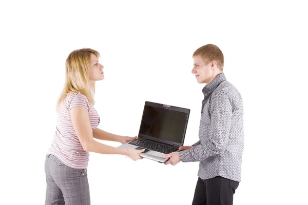Férfi és nő harcok alatt laptop — Stock Fotó