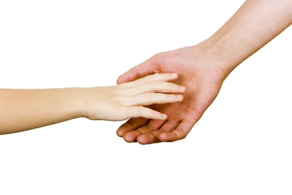 Van het kind hand bereikt voor de mannen hand — Stockfoto