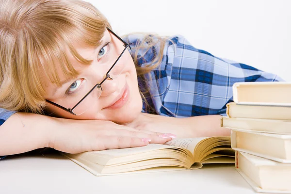 Blonde in glasses with books — Stock Photo, Image