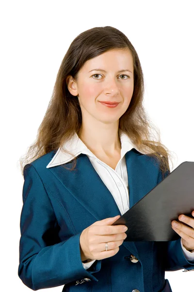 Girl in a business suit with a notebook — Stock Photo, Image