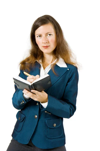 Girl in a business suit with a notebook — Stock Photo, Image