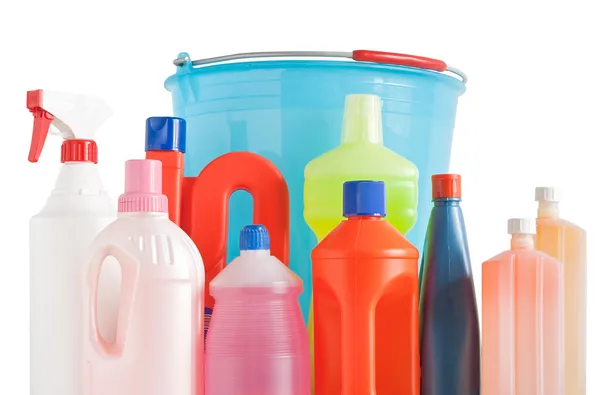 Detergent bottles and bucket — Stock Photo, Image