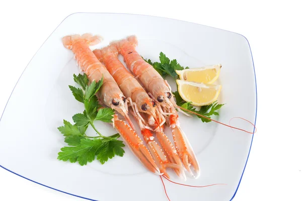 Raw prawns with lemon and parsley — Stock Photo, Image