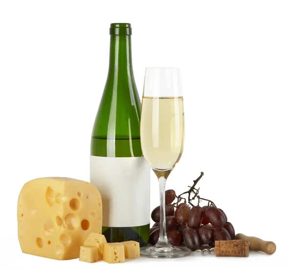 瓶和杯白葡萄酒奶酪 — 图库照片