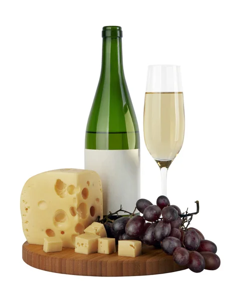Palack és a pohár fehér bor, sajt — Stock Fotó