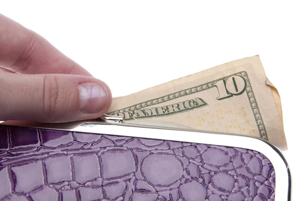 Mor cüzdan para ile — Stok fotoğraf