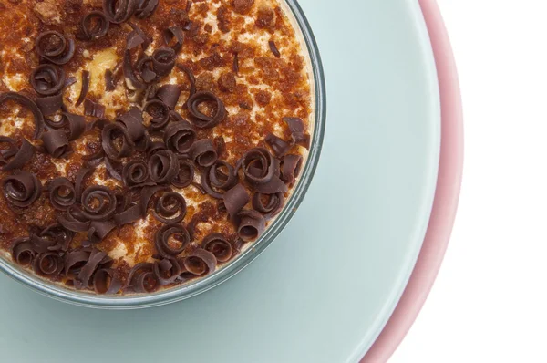 Custard Dessert with Chocolate Curls — Stock Photo, Image