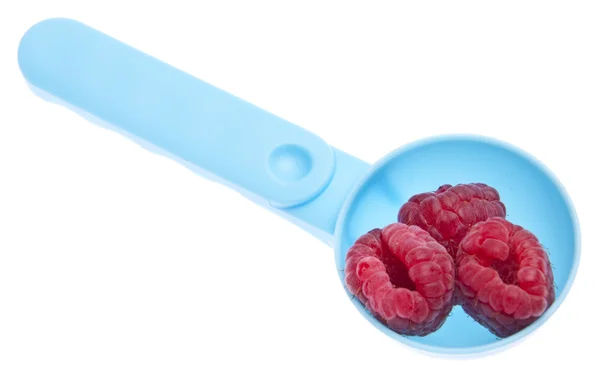 Raspberries in a Blue Spoon — Stock Photo, Image