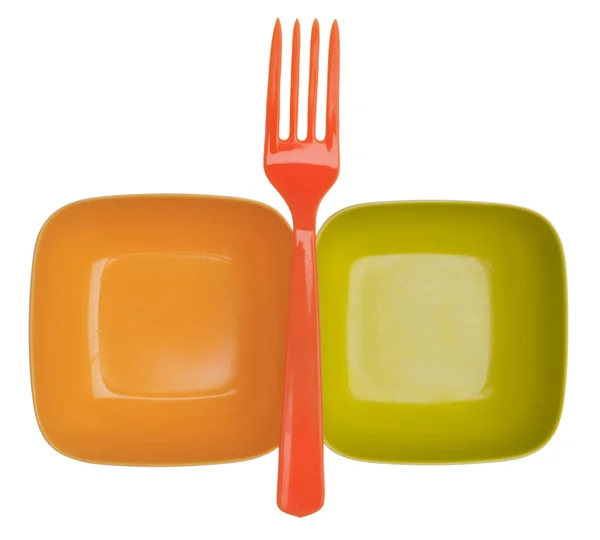 Tigelas de plástico vibrante e garfo — Fotografia de Stock