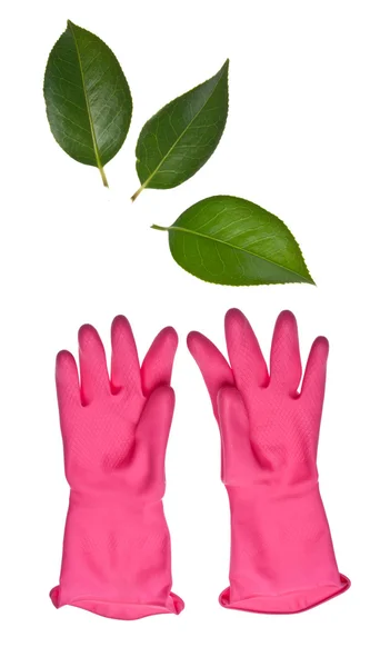 Guantes de limpieza rosa Alcanzando hojas — Foto de Stock