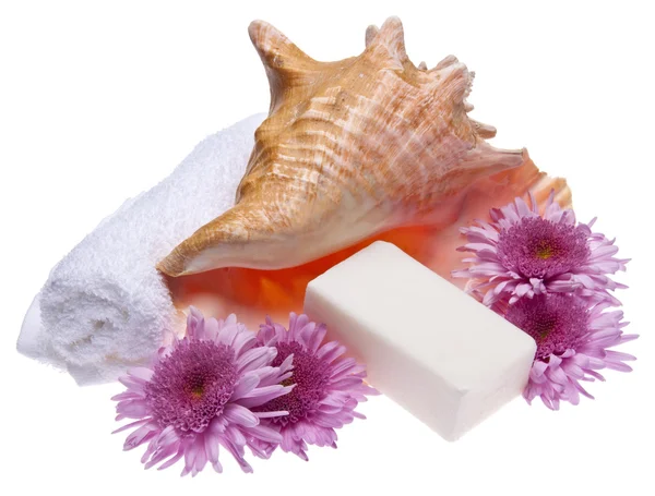 Květiny a obraz lázeňské mýdlo — Stock fotografie