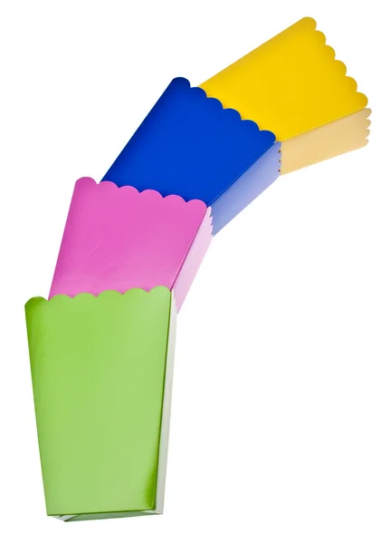 Caixas de tratamento coloridas vibrantes cheias de pipoca — Fotografia de Stock