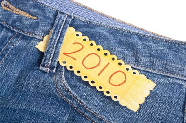 2010 in de zak van denimblauw jean broek — Stockfoto