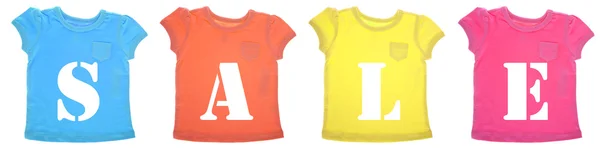 Venda Mensagem em camisetas coloridas vibrantes — Fotografia de Stock