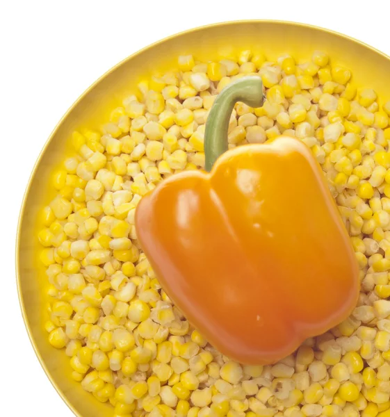 Fresh Orange Pepper in a Bowl of Frozen Corn — Stock Photo, Image