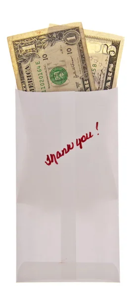 Dinheiro em um envelope bancário com um obrigado manuscrito — Fotografia de Stock