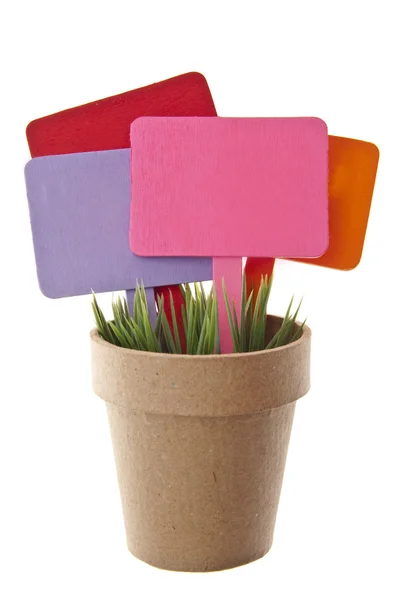Pot of Grass with Several Blank Colored Signs — Stock Photo, Image
