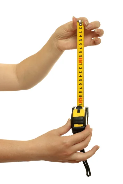 Tape-measure in a beautiful female hands — Stock Photo, Image