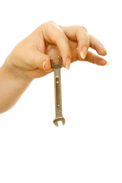 Γυναικείο χέρι που κρατά το κλειδί εργαλεία — Φωτογραφία Αρχείου