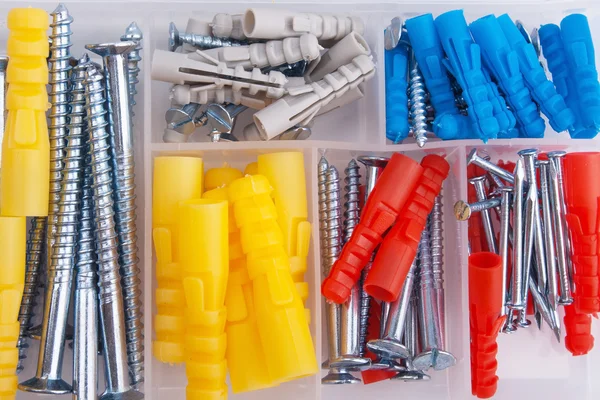 Screws and plugs in plastic toolbox, top view — Stock Photo, Image