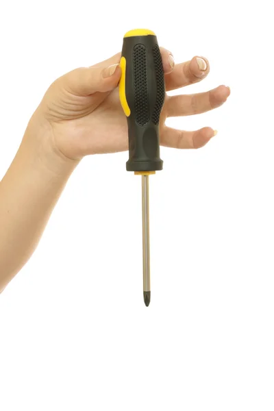 Screwdriver in a beautiful female hand — Stock Photo, Image