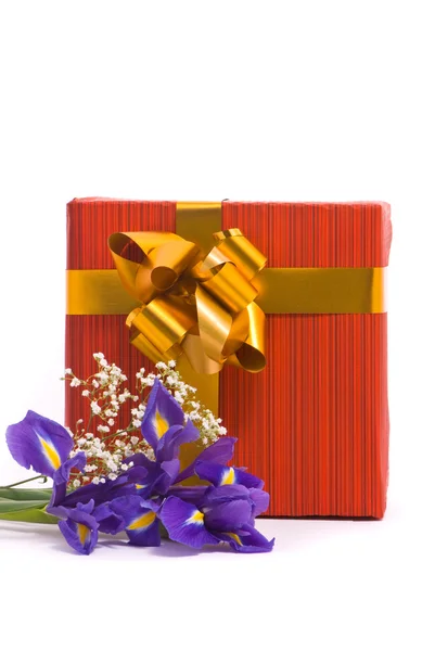 Boeket van een irissen en doos van de gift — Stockfoto