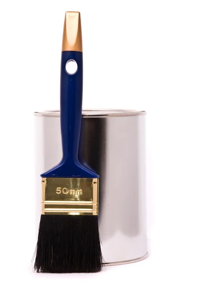 Can of paint and professional brush — Stock Photo, Image