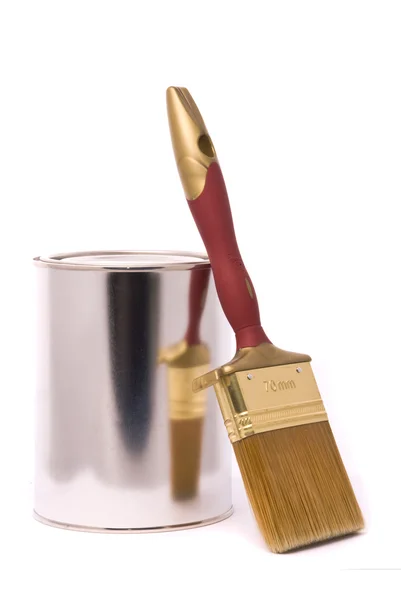 Can of paint and professional brush on a white. — Stock Photo, Image