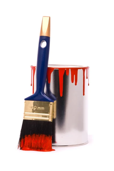 Can of red paint and professional brush — Stock Photo, Image