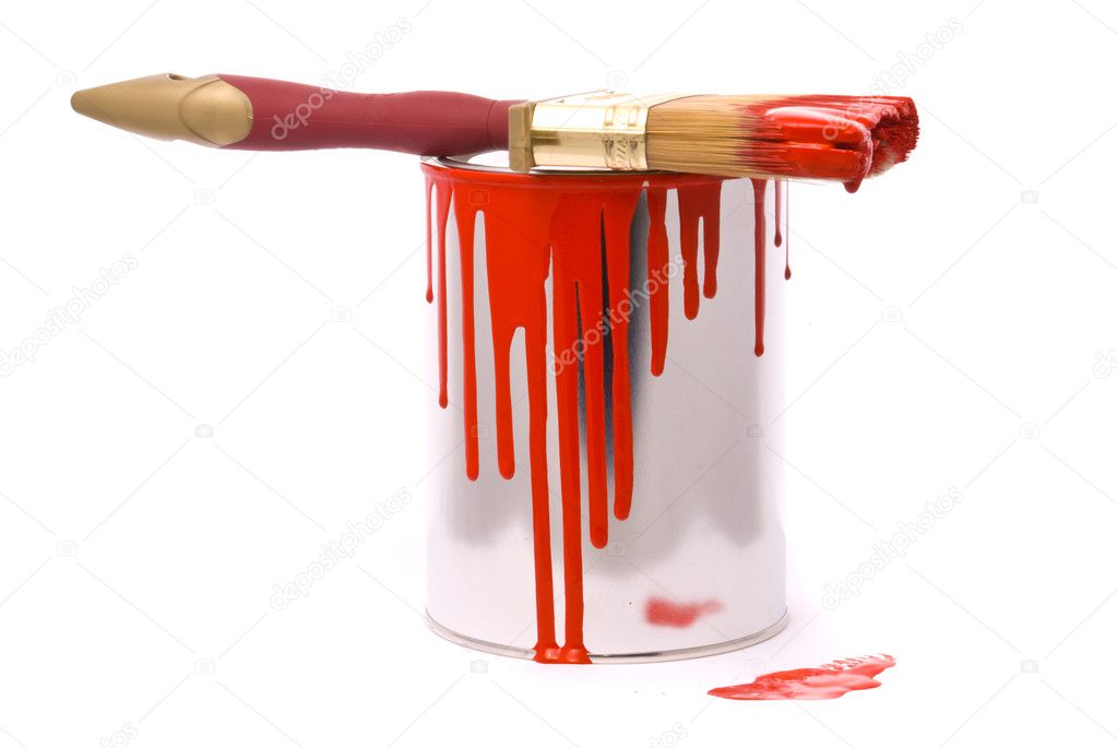 Can of red paint and professional brush