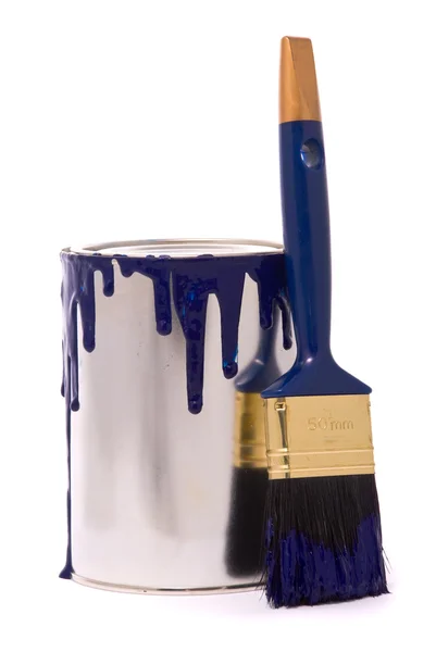 Lata de pintura azul y pincel profesional — Foto de Stock