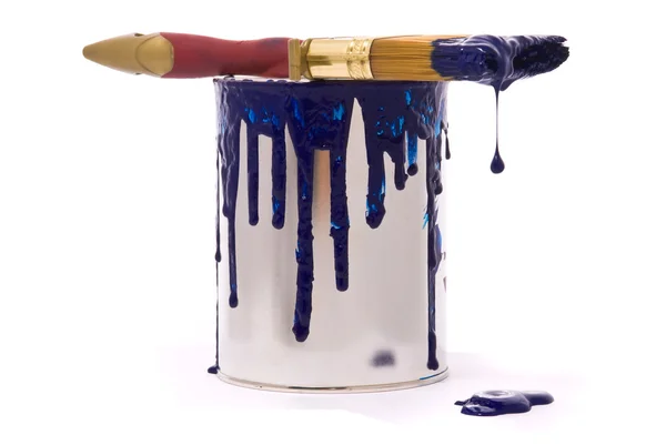 stock image Can of blue paint and professional brush