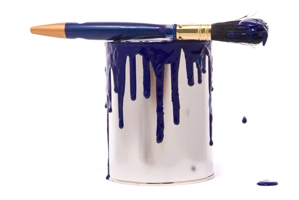 Балон синьої фарби та професійний пензлик — стокове фото