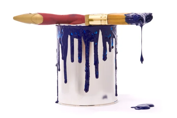 Lata de pintura azul y pincel profesional — Foto de Stock